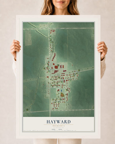 Map of Hayward, Minnesota, 24 x 36 inch print in a white wood frame