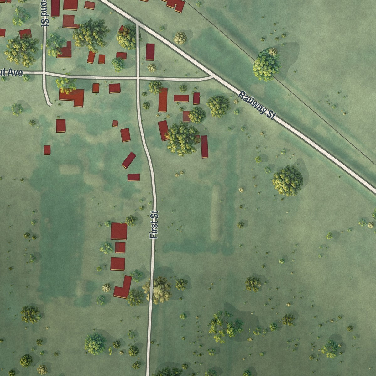 Close-up of the map of Hazel Run, Minnesota print showing street and building detail
