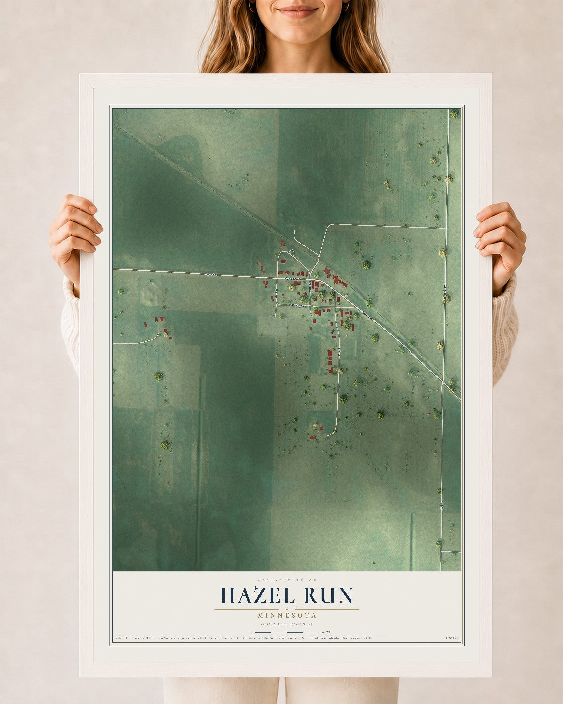 Map of Hazel Run, Minnesota, 24 x 36 inch print in a white wood frame