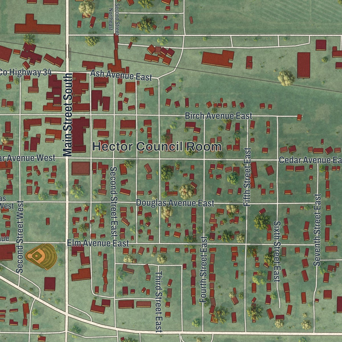 Close-up of the map of Hector, Minnesota print showing street and building detail