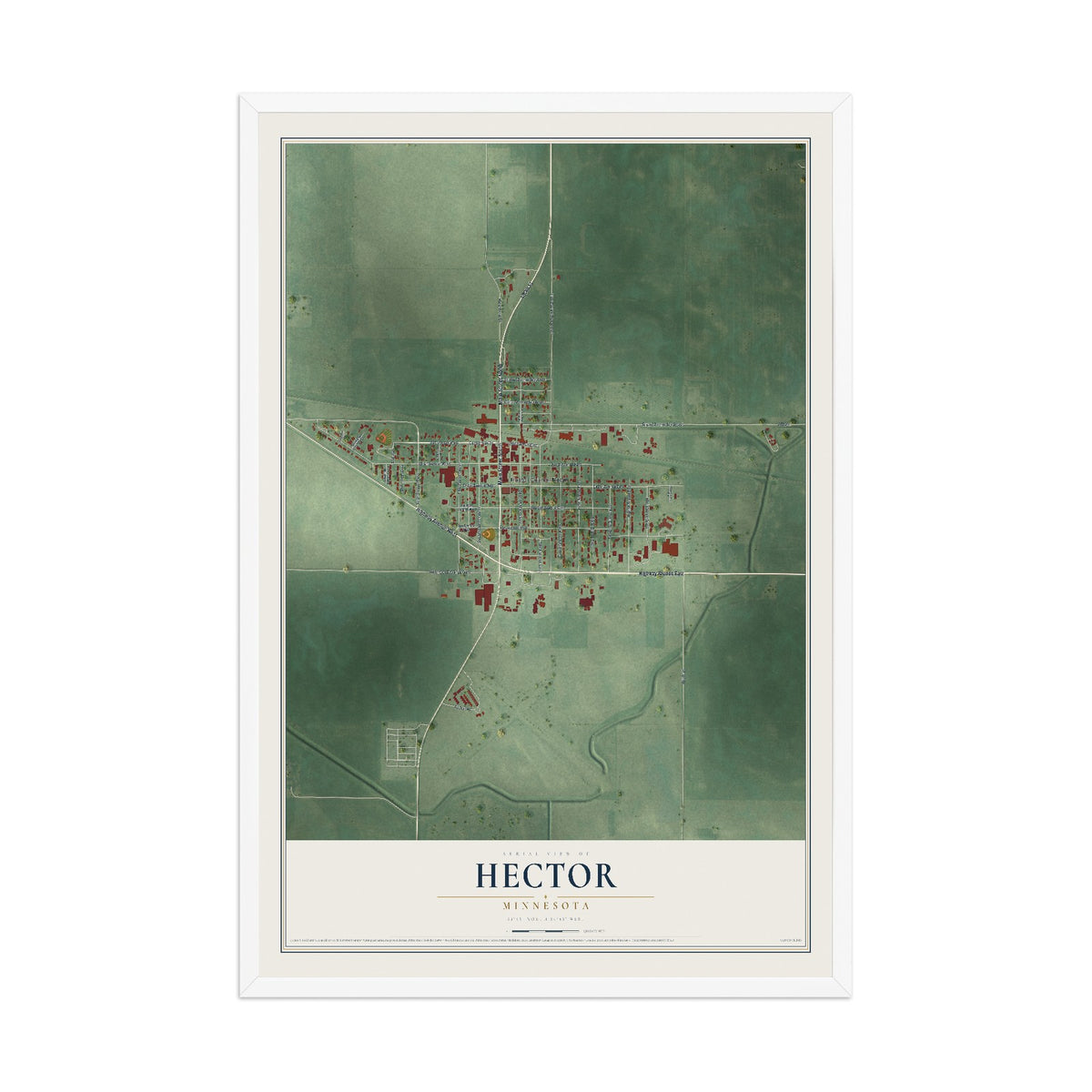 Map of Hector, Minnesota, 12 x 18 inch print in a white wood frame