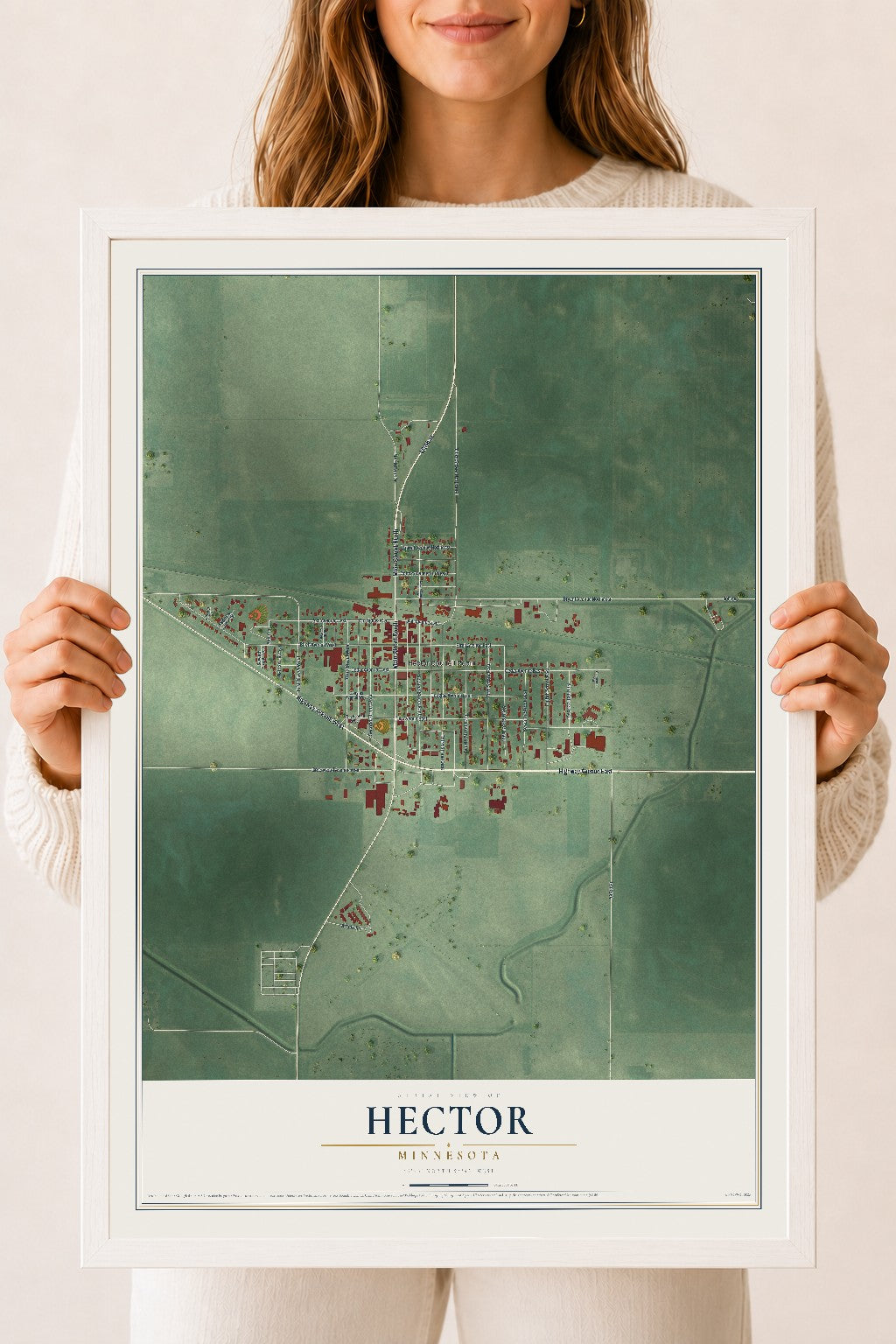 Map of Hector, Minnesota, 18 x 24 inch print in a white wood frame