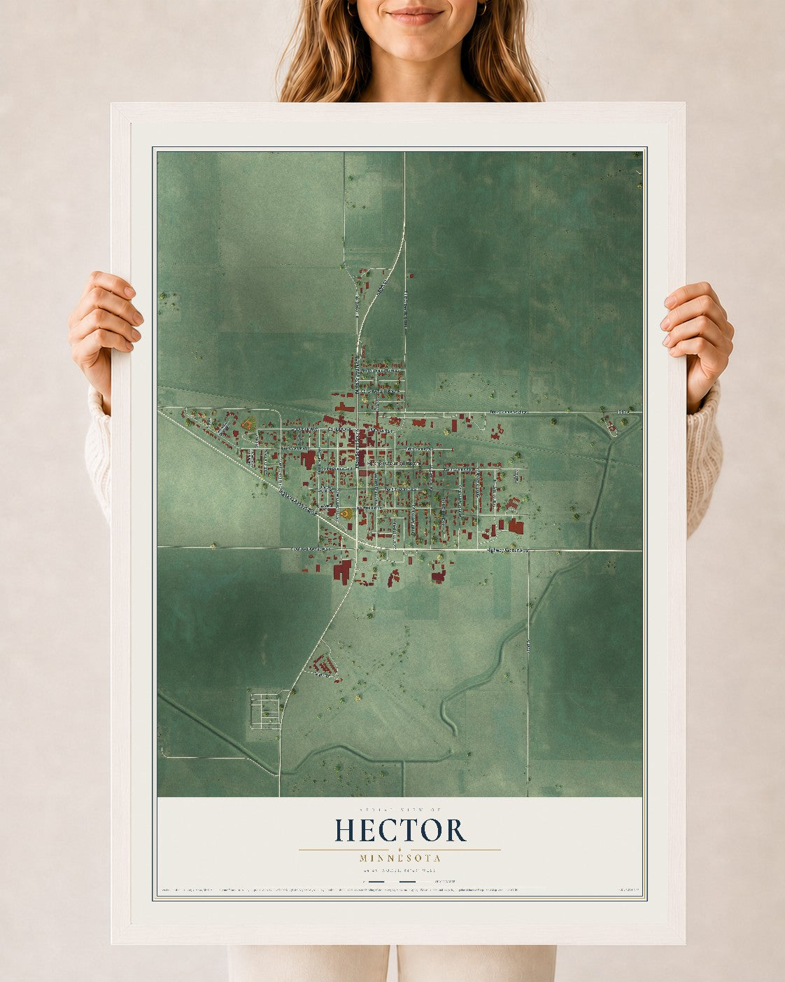 Map of Hector, Minnesota, 24 x 36 inch print in a white wood frame