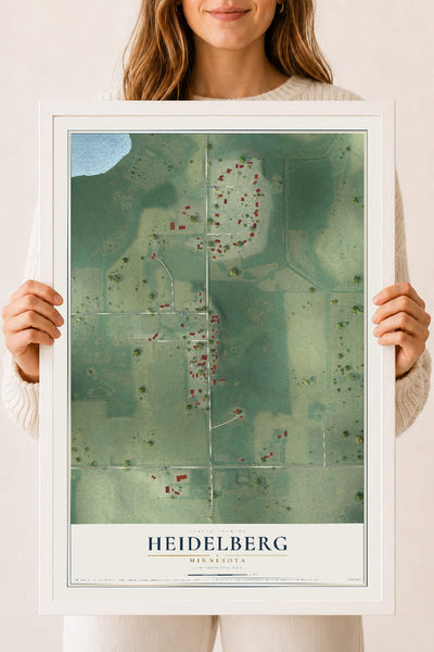 Map of Heidelberg, Minnesota, 18 x 24 inch print in a white wood frame