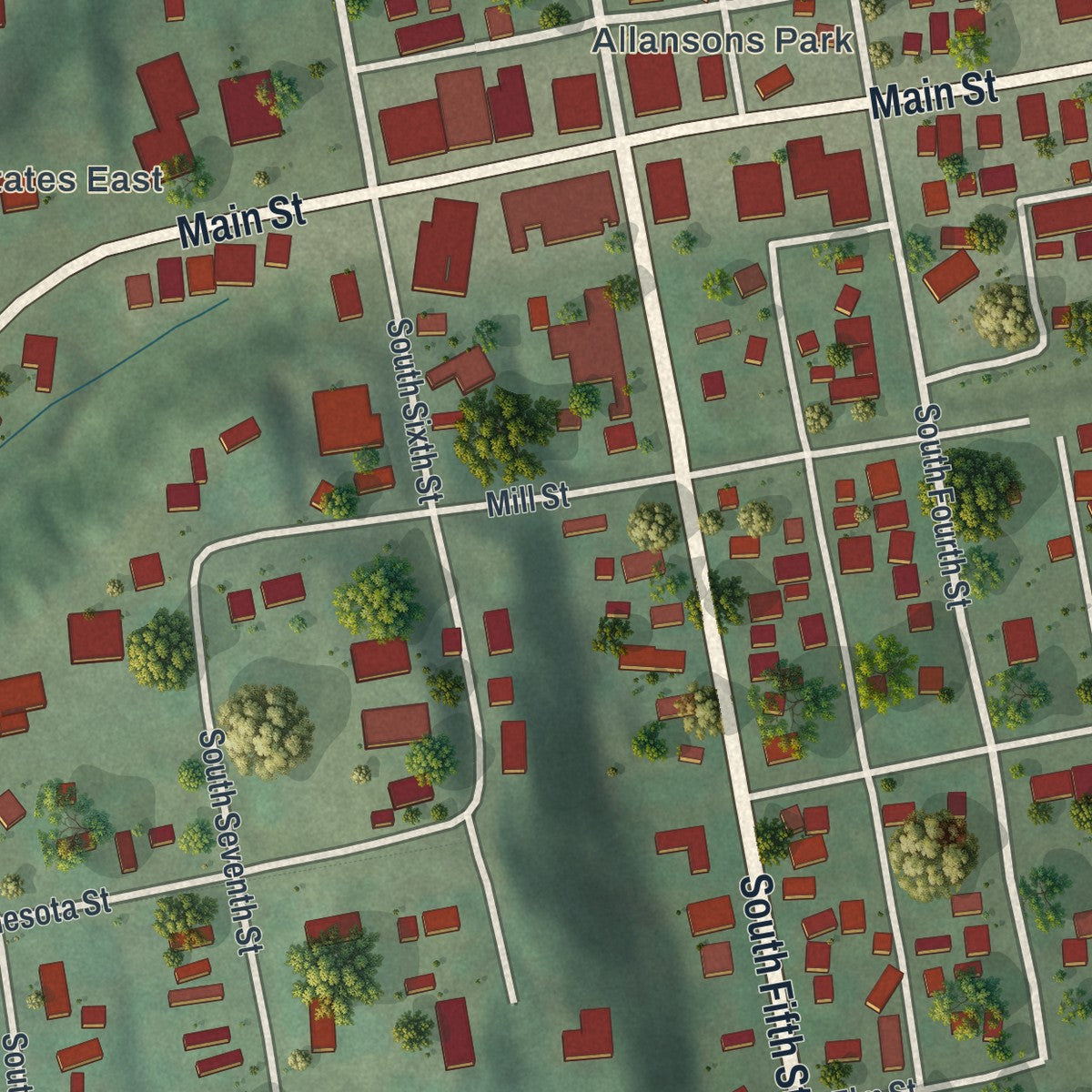Close-up of the map of Henderson, Minnesota print showing street and building detail