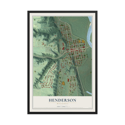 Map of Henderson, Minnesota, 12 x 18 inch print in a black wood frame