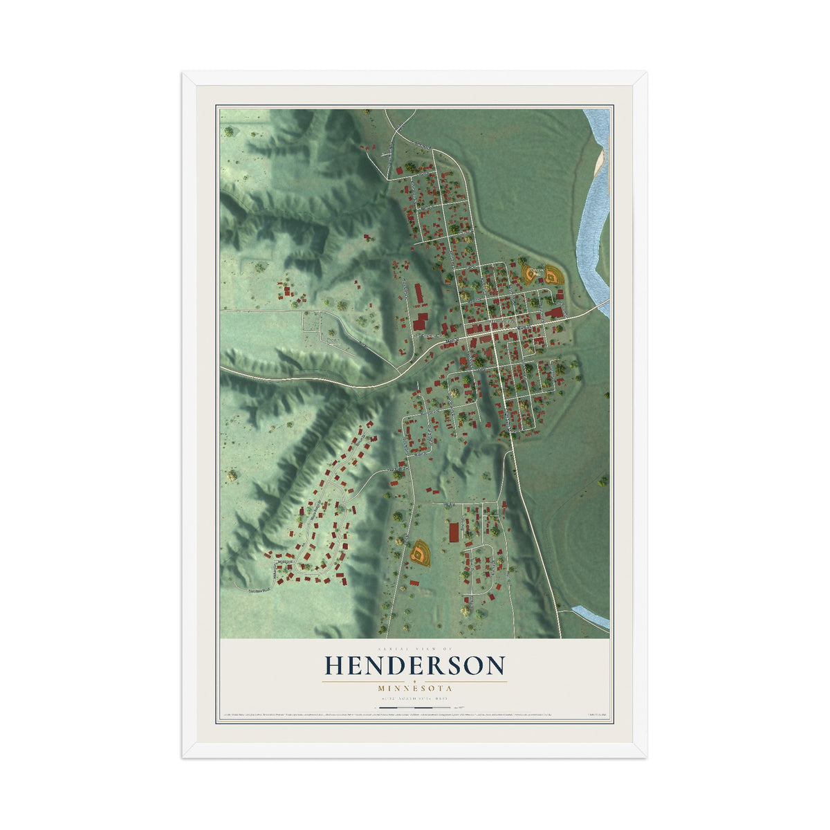 Map of Henderson, Minnesota, 12 x 18 inch print in a white wood frame