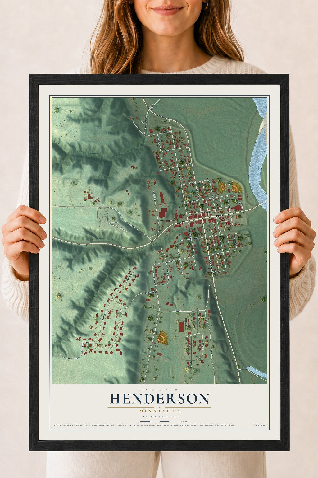Map of Henderson, Minnesota, 18 x 24 inch print in a black wood frame