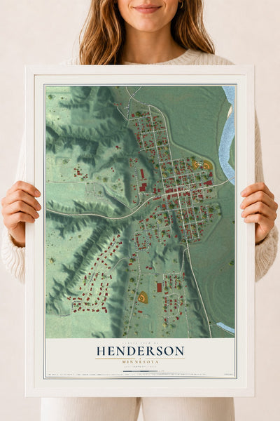 Map of Henderson, Minnesota, 18 x 24 inch print in a white wood frame
