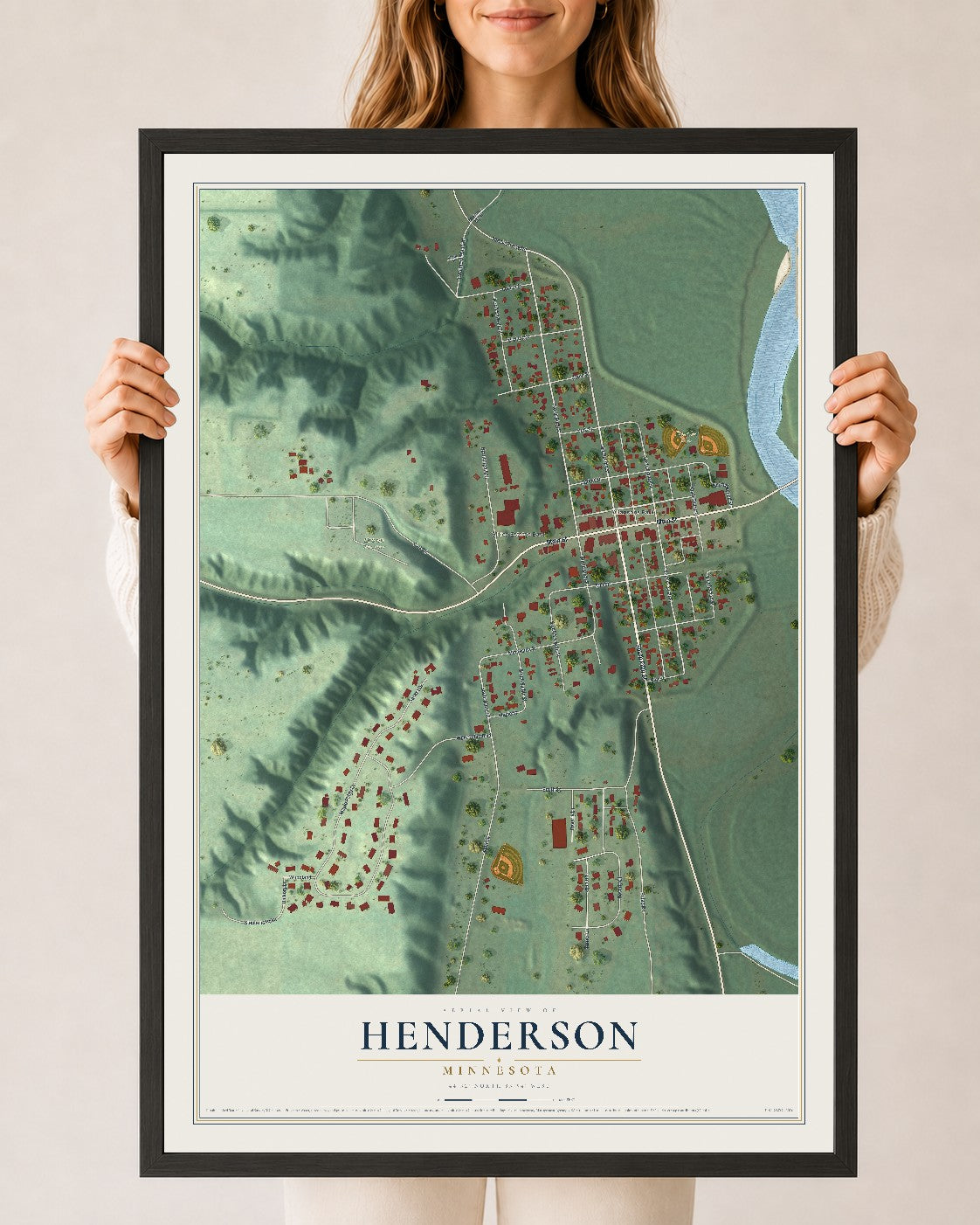 Map of Henderson, Minnesota, 24 x 36 inch print in a black wood frame
