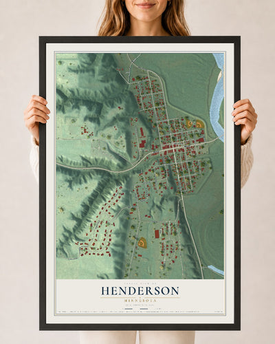 Map of Henderson, Minnesota, 24 x 36 inch print in a black wood frame