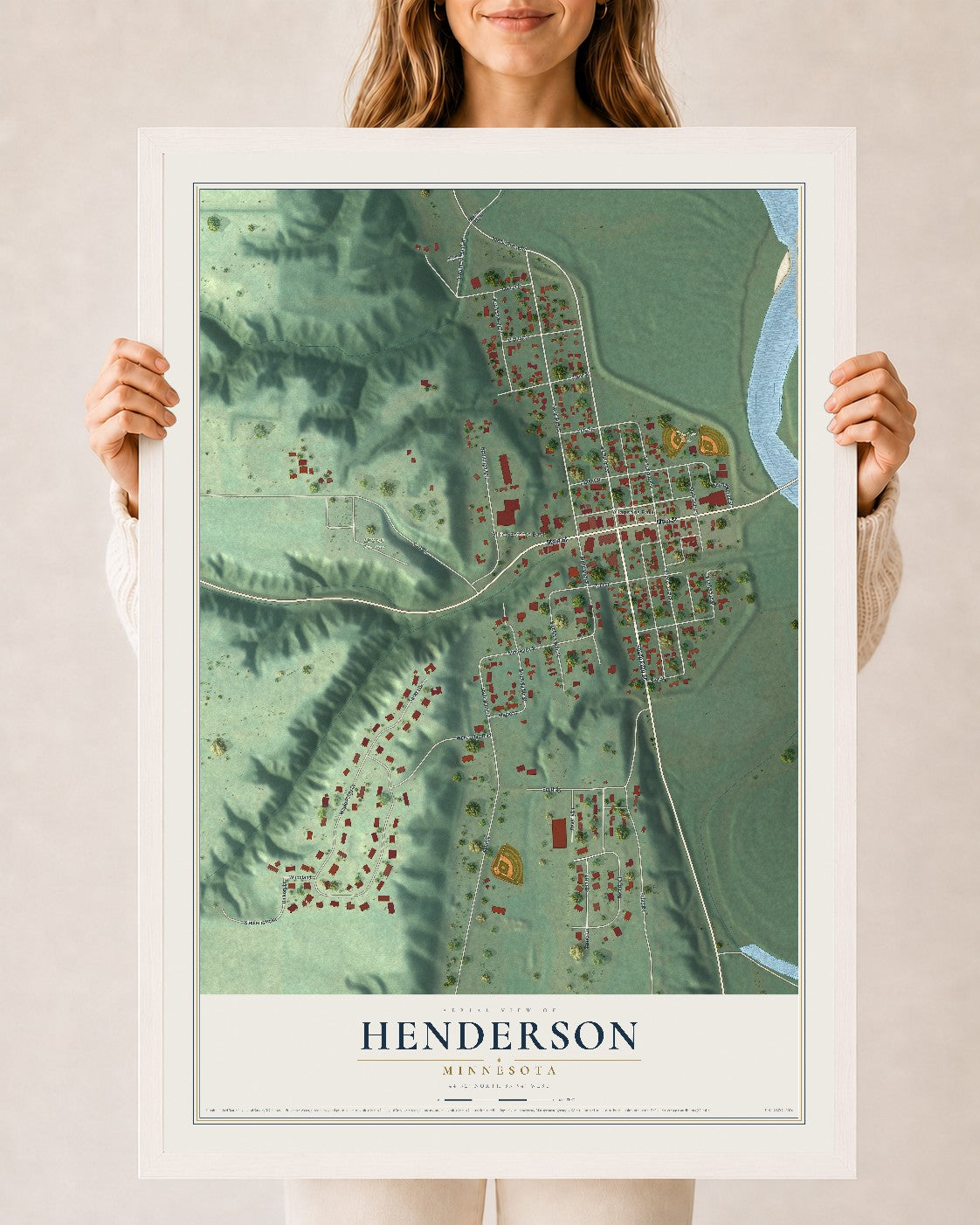 Map of Henderson, Minnesota, 24 x 36 inch print in a white wood frame