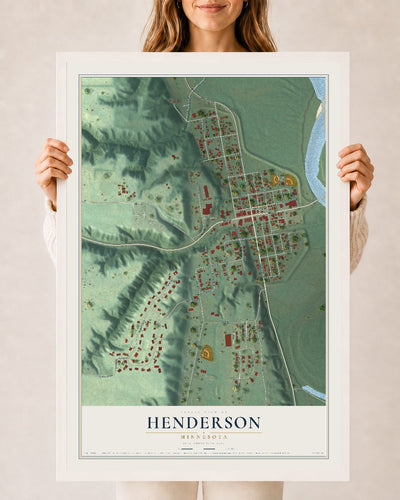 Map of Henderson, Minnesota, 24 x 36 inch print in a white wood frame