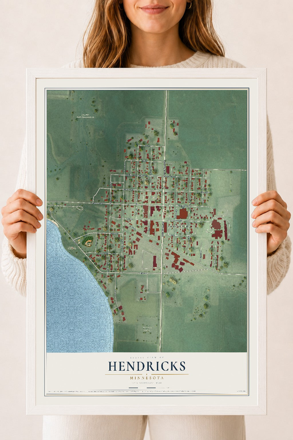 Map of Hendricks, Minnesota, 18 x 24 inch print in a white wood frame