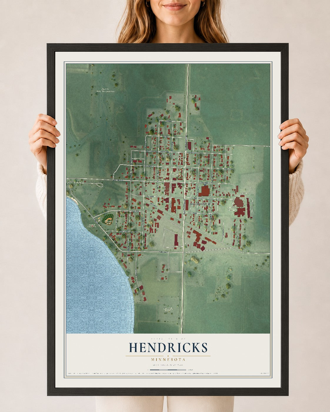 Map of Hendricks, Minnesota, 24 x 36 inch print in a black wood frame