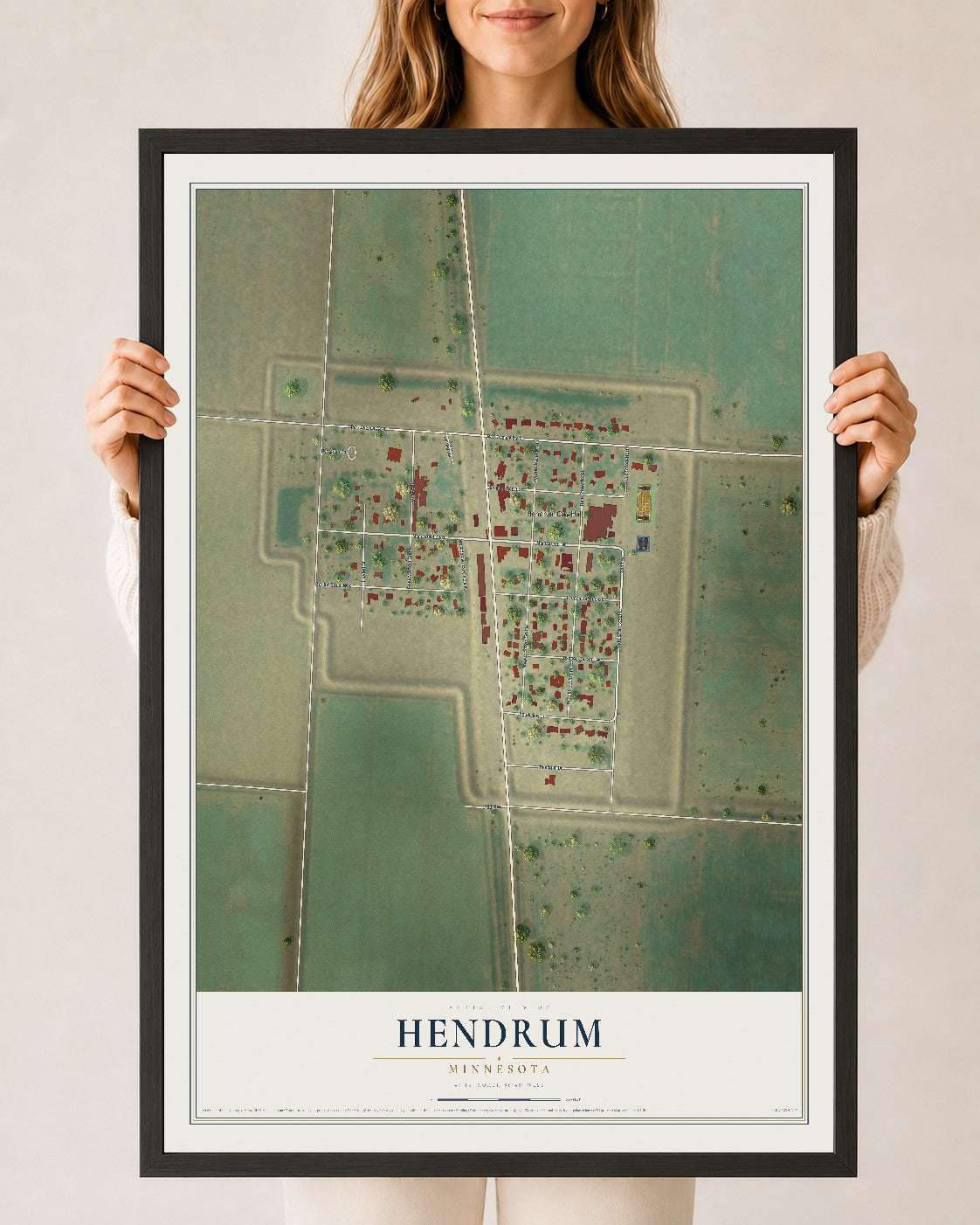 Map of Hendrum, Minnesota, 24 x 36 inch print in a black wood frame