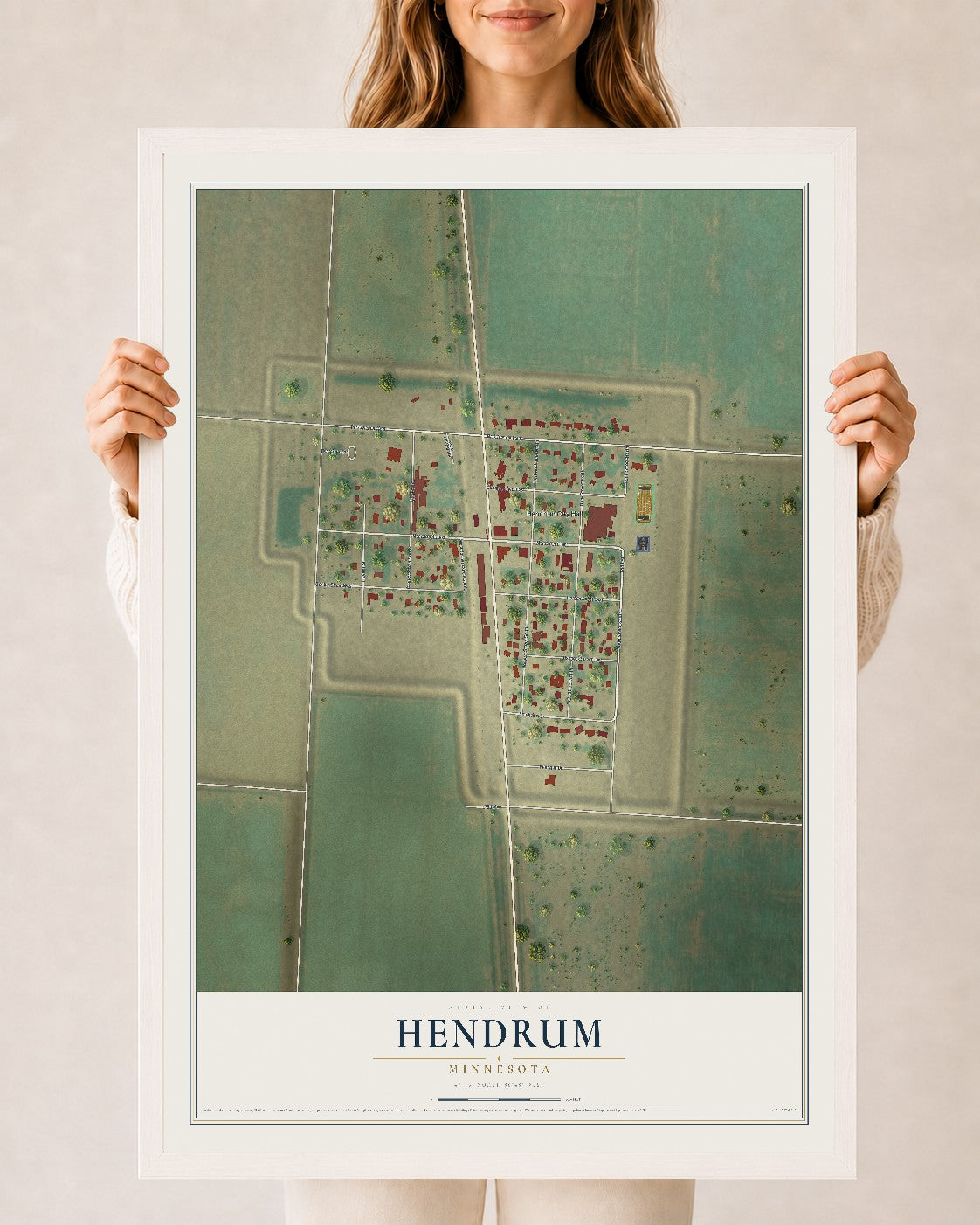 Map of Hendrum, Minnesota, 24 x 36 inch print in a white wood frame