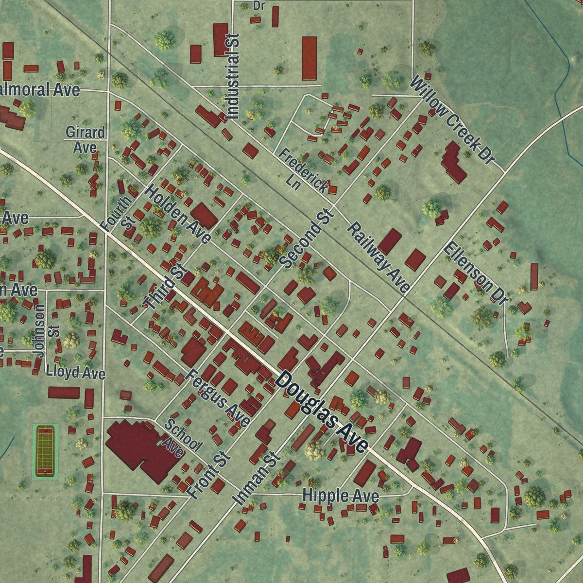Close-up of the map of Henning, Minnesota print showing street and building detail