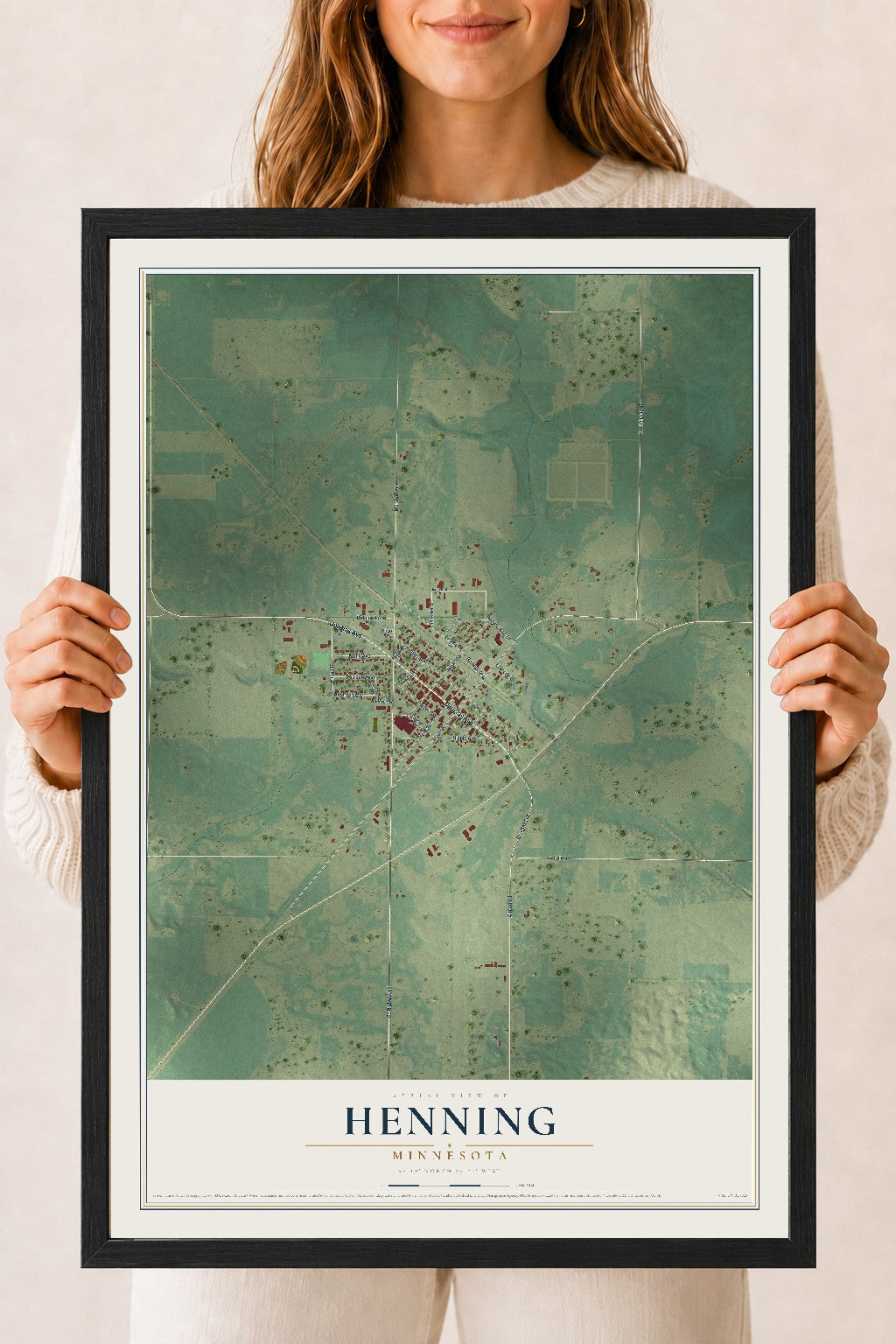 Map of Henning, Minnesota, 18 x 24 inch print in a black wood frame