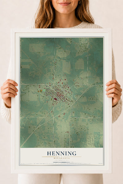 Map of Henning, Minnesota, 18 x 24 inch print in a white wood frame