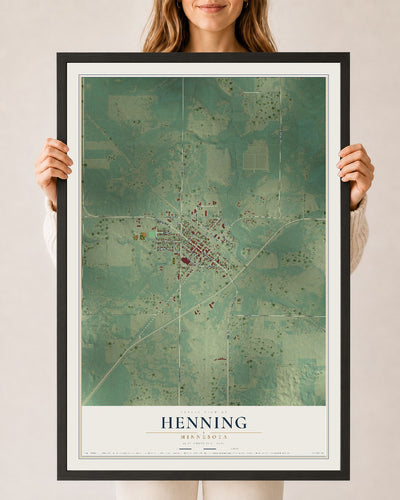 Map of Henning, Minnesota, 24 x 36 inch print in a black wood frame