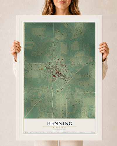 Map of Henning, Minnesota, 24 x 36 inch print in a white wood frame