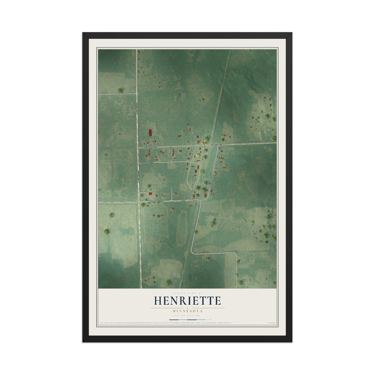 Map of Henriette, Minnesota, 12 x 18 inch print in a black wood frame