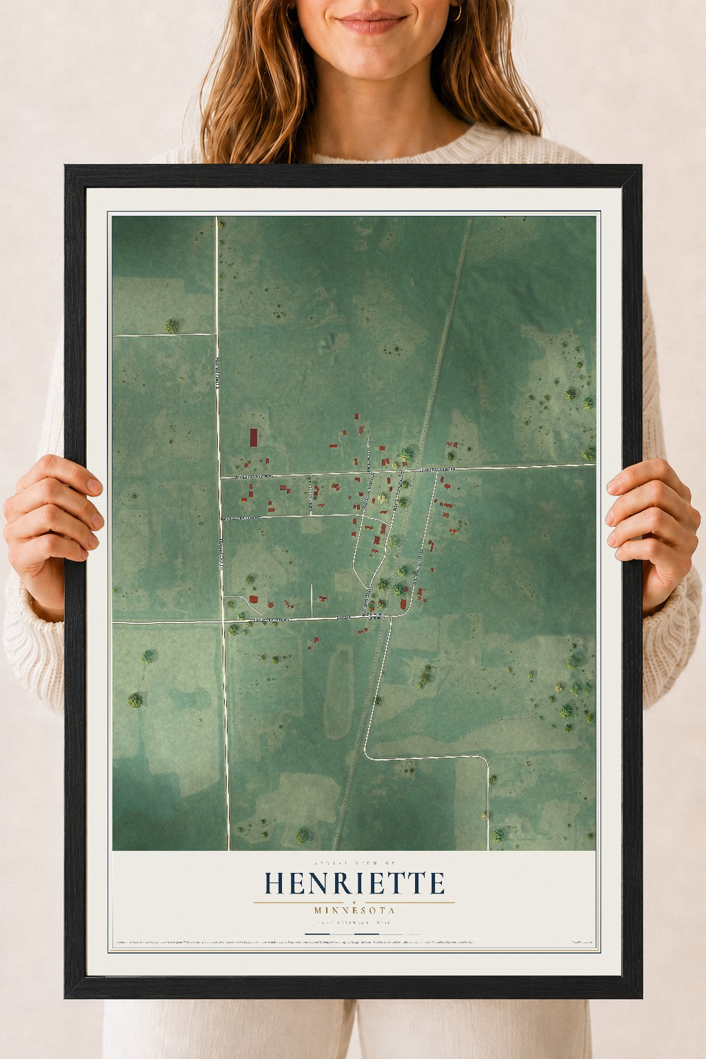 Map of Henriette, Minnesota, 18 x 24 inch print in a black wood frame