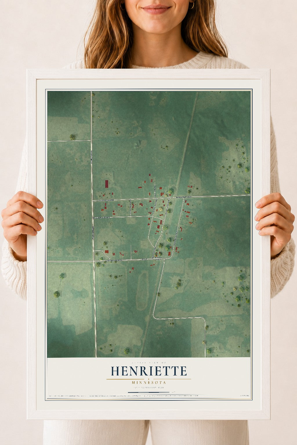 Map of Henriette, Minnesota, 18 x 24 inch print in a white wood frame