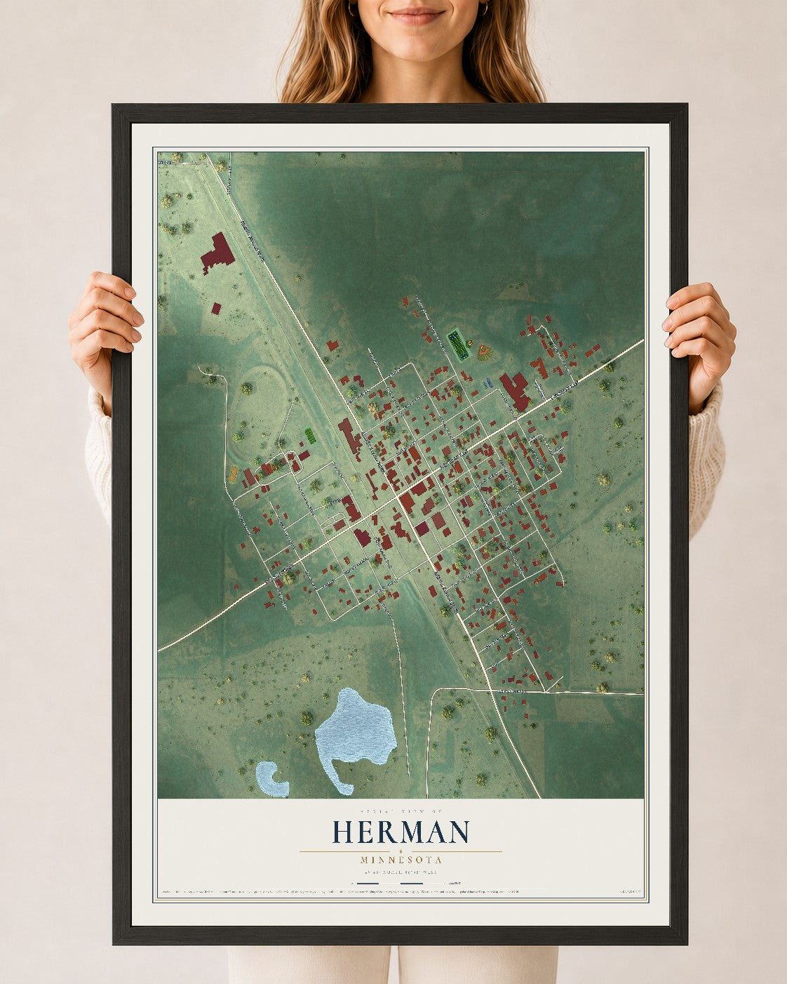Map of Herman, Minnesota, 24 x 36 inch print in a black wood frame