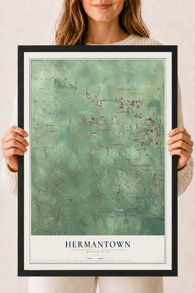 Map of Hermantown, Minnesota, 18 x 24 inch print in a black wood frame