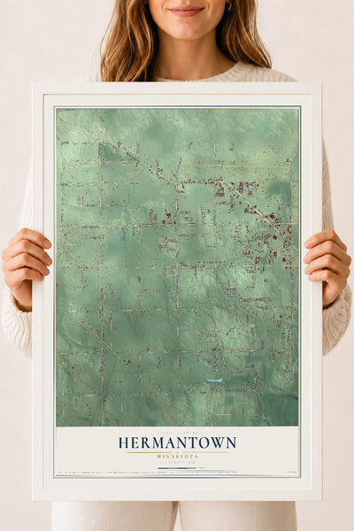 Map of Hermantown, Minnesota, 18 x 24 inch print in a white wood frame