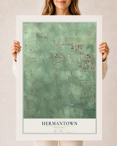 Map of Hermantown, Minnesota, 24 x 36 inch print in a white wood frame