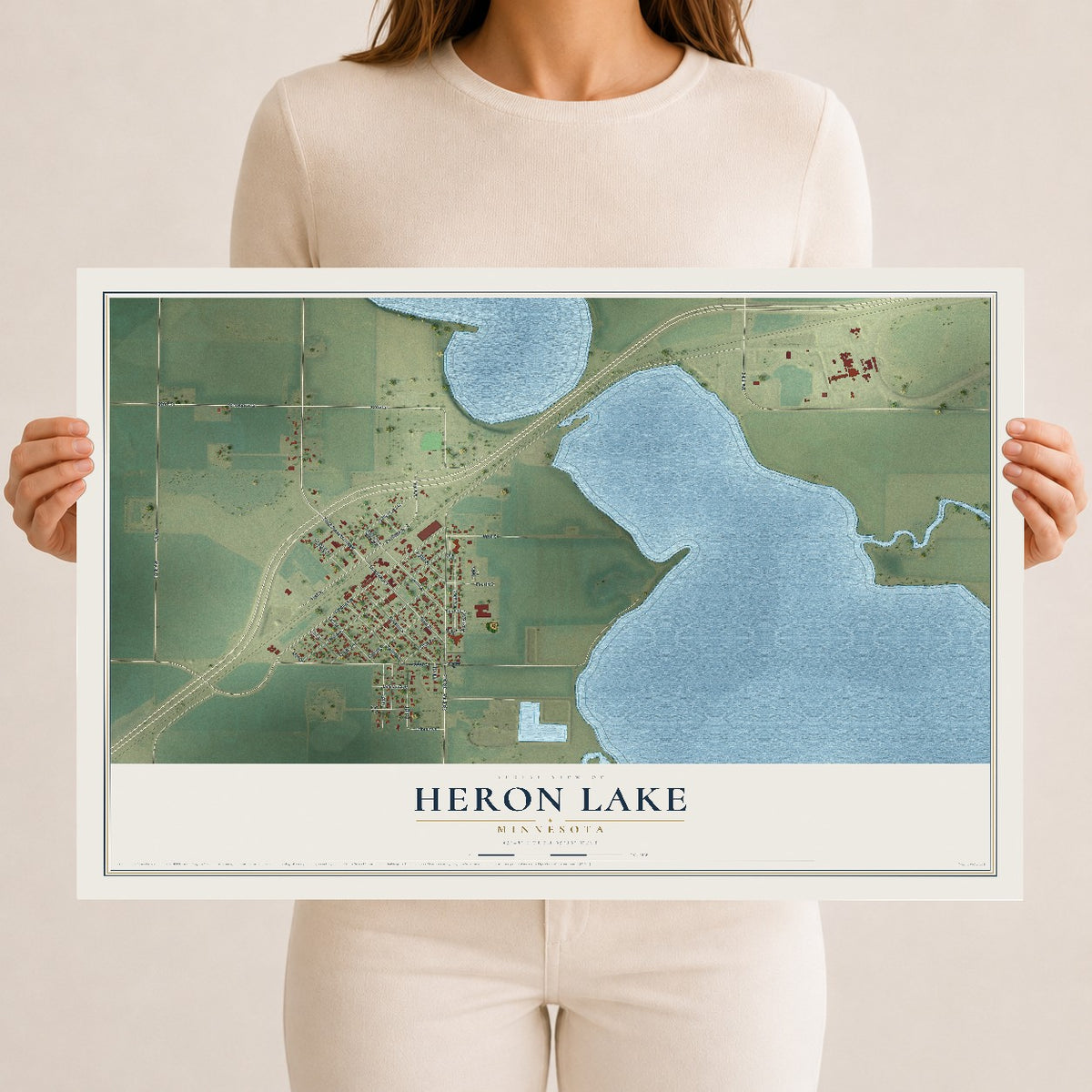 Map of Heron Lake, Minnesota, 12 x 18 inch unframed archival matte print