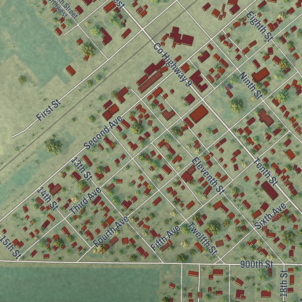 Close-up of the map of Heron Lake, Minnesota print showing street and building detail