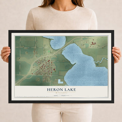 Map of Heron Lake, Minnesota, 12 x 18 inch print in a black wood frame