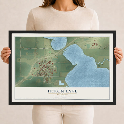 Map of Heron Lake, Minnesota, 12 x 18 inch print in a black wood frame
