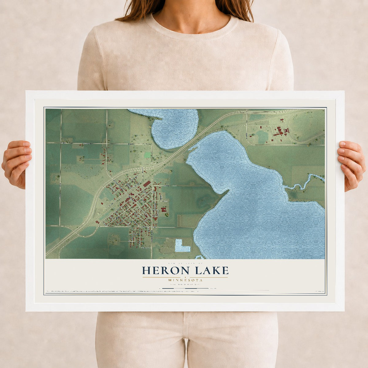 Map of Heron Lake, Minnesota, 12 x 18 inch print in a white wood frame