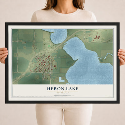 Map of Heron Lake, Minnesota, 18 x 24 inch print in a black wood frame