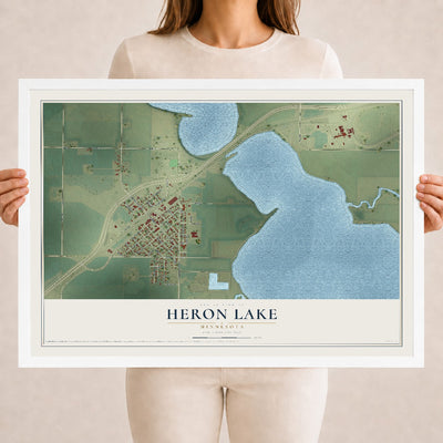 Map of Heron Lake, Minnesota, 18 x 24 inch print in a white wood frame