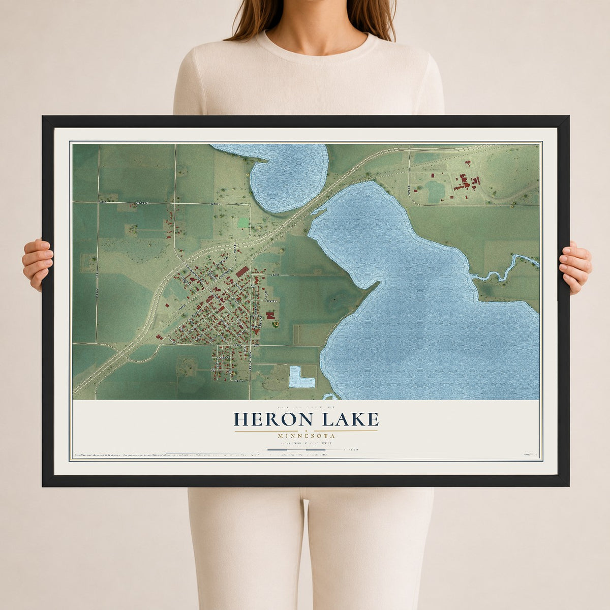 Map of Heron Lake, Minnesota, 24 x 36 inch print in a black wood frame