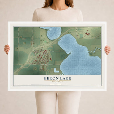Map of Heron Lake, Minnesota, 24 x 36 inch print in a white wood frame