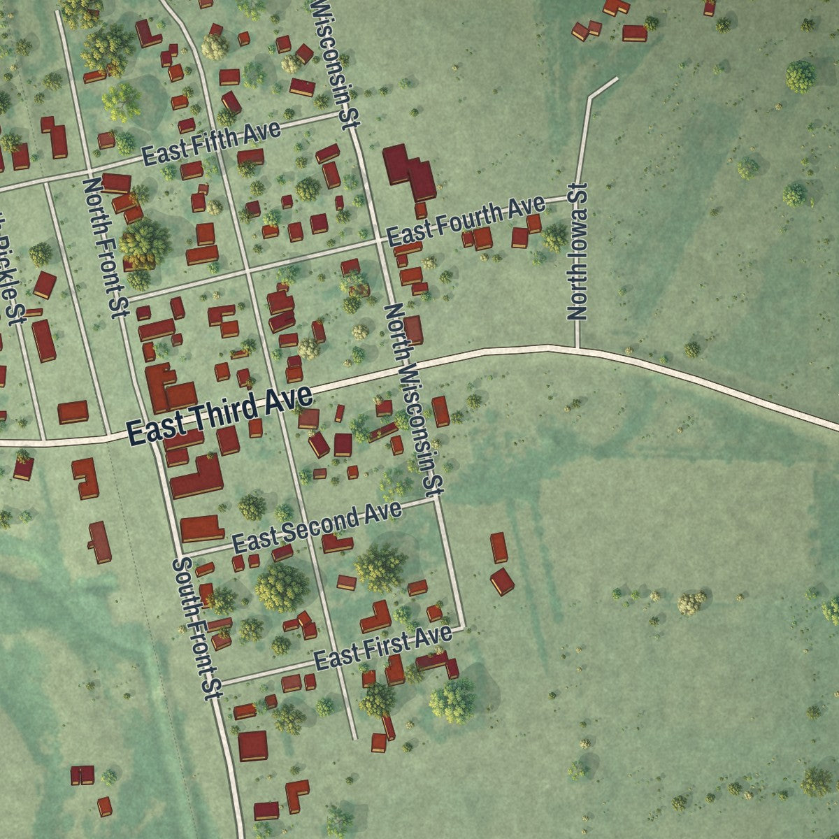 Close-up of the map of Hewitt, Minnesota print showing street and building detail