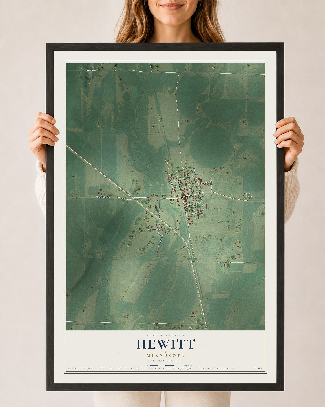 Map of Hewitt, Minnesota, 24 x 36 inch print in a black wood frame