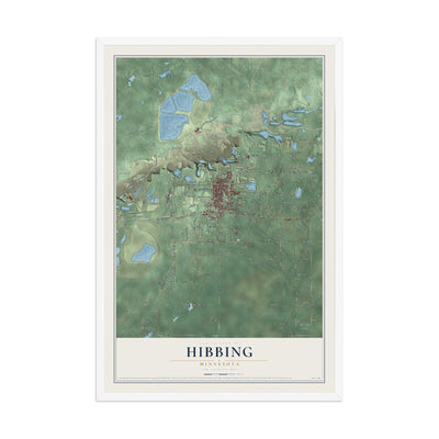 Map of Hibbing, Minnesota, 12 x 18 inch print in a white wood frame