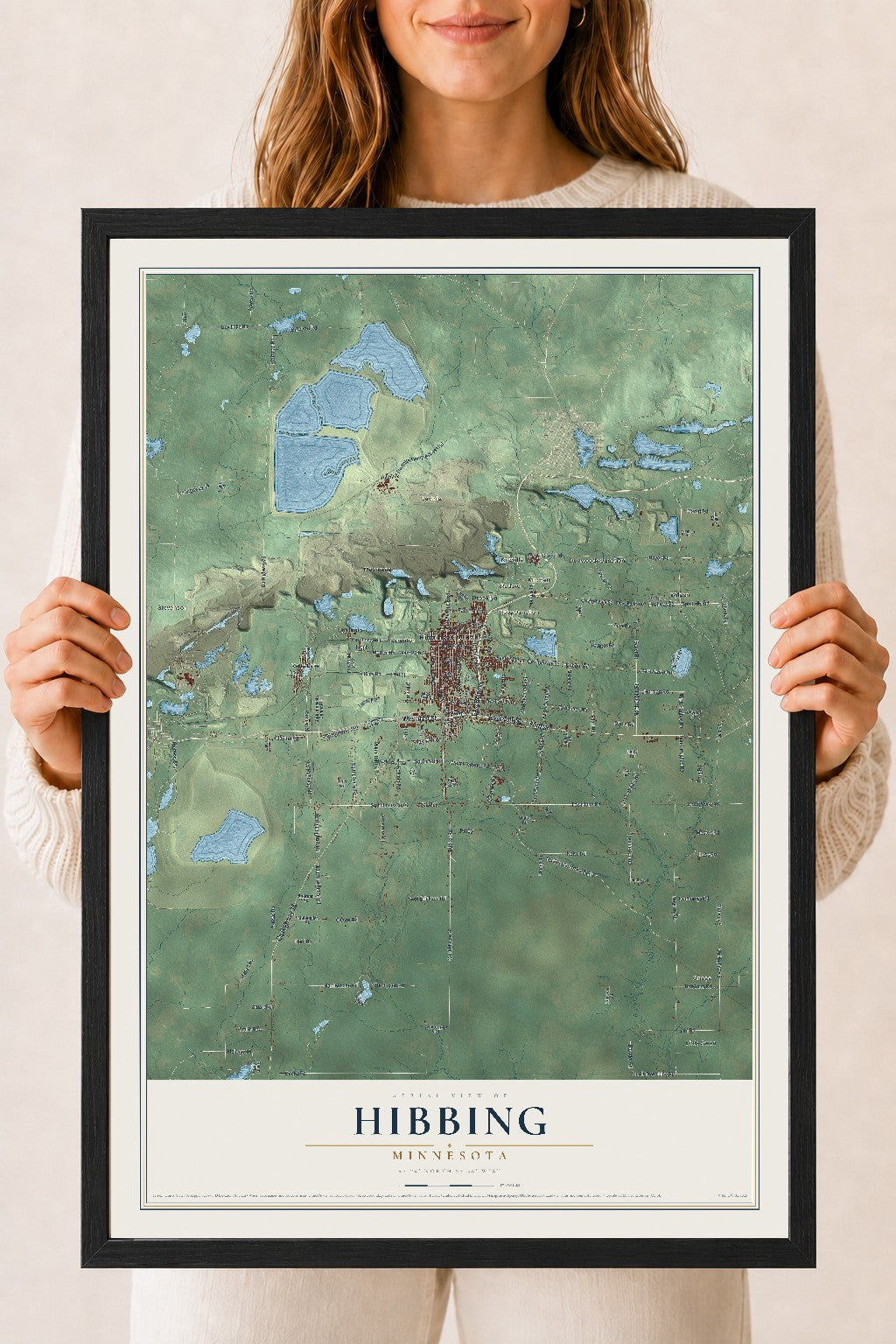 Map of Hibbing, Minnesota, 18 x 24 inch print in a black wood frame