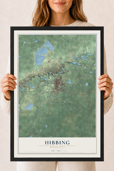 Map of Hibbing, Minnesota, 18 x 24 inch print in a black wood frame