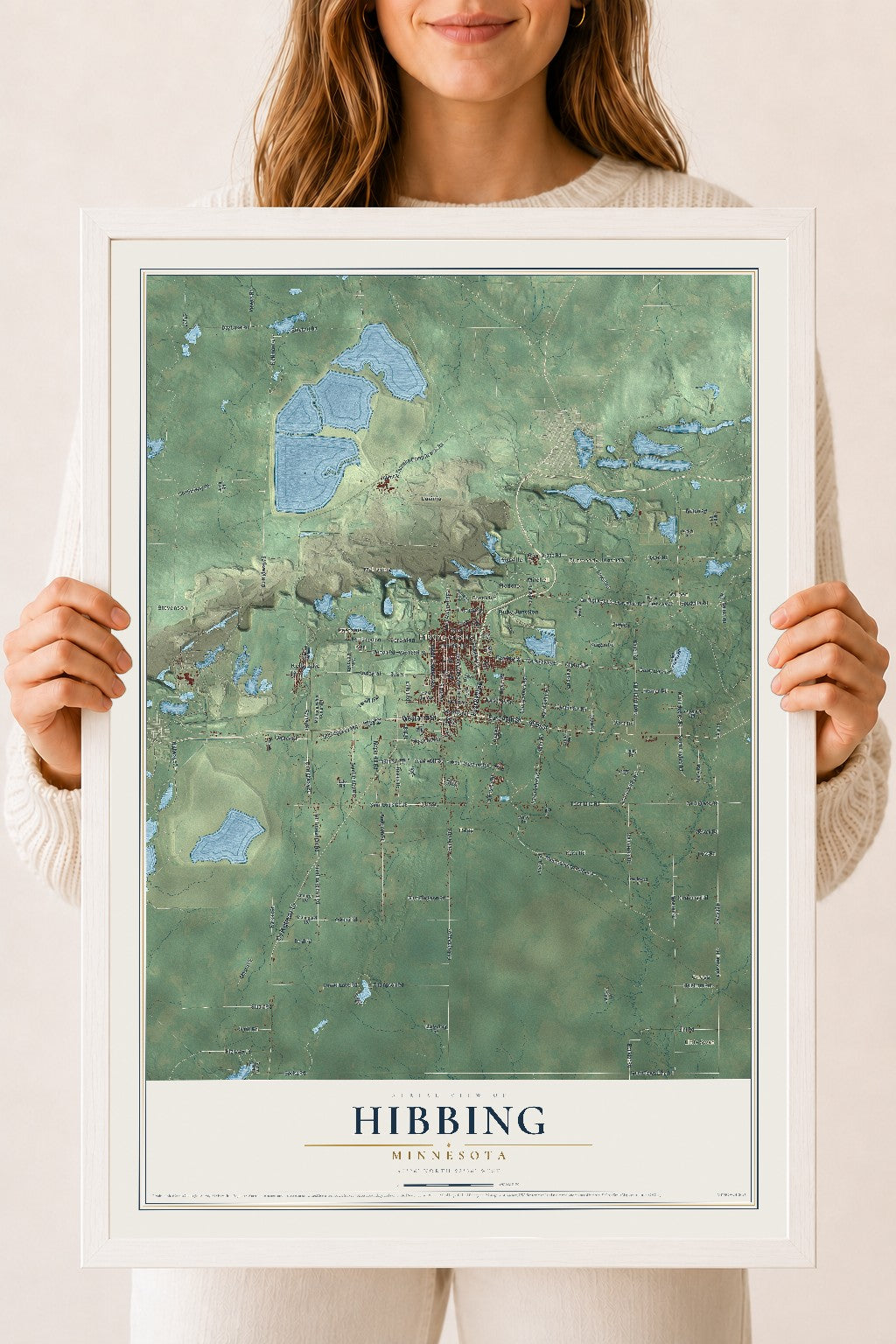 Map of Hibbing, Minnesota, 18 x 24 inch print in a white wood frame