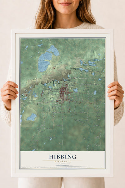 Map of Hibbing, Minnesota, 18 x 24 inch print in a white wood frame