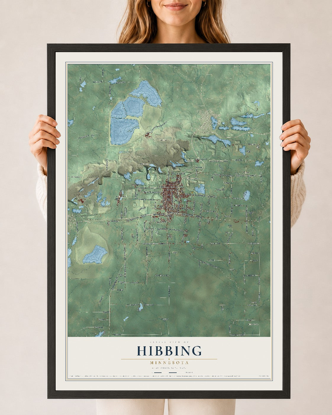 Map of Hibbing, Minnesota, 24 x 36 inch print in a black wood frame